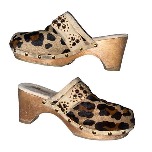 Bridget Shuster Leather Pony Hair Leopard Print Crystal Embellished Clog… - Picture 2 of 12